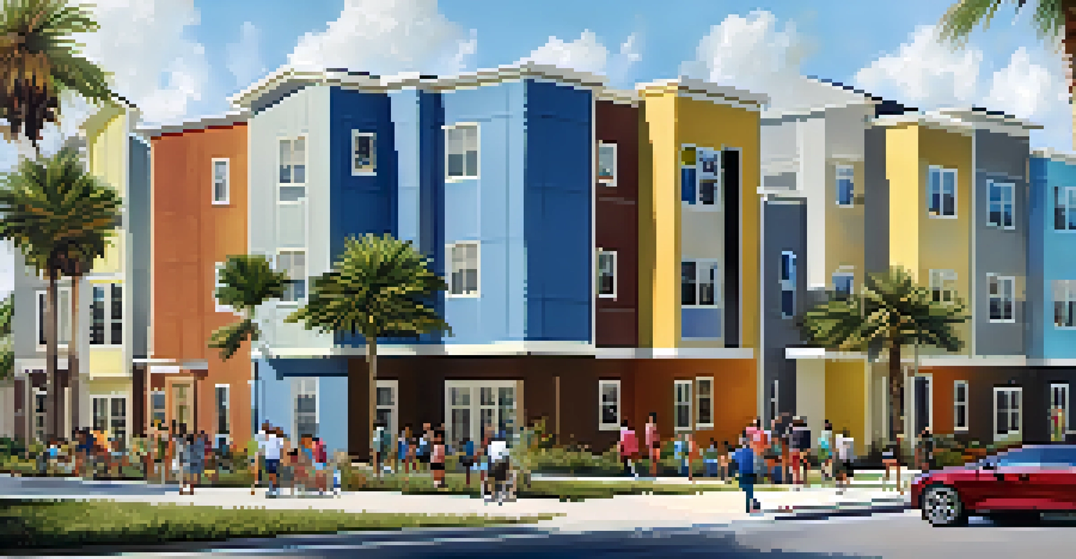A modern mixed-income housing development in Tampa with families enjoying shared spaces.