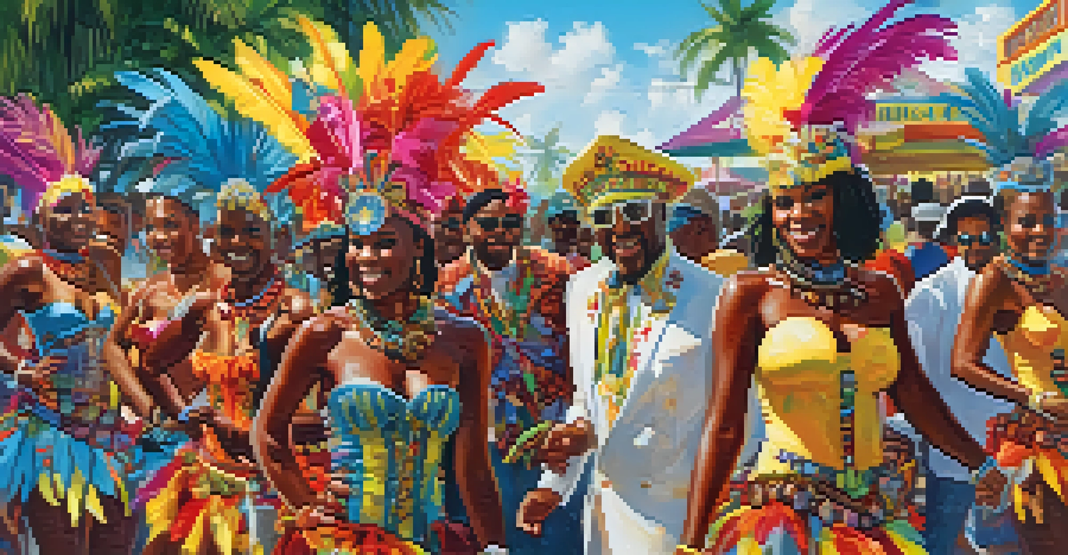 Participants in colorful costumes dancing at the Tampa Bay Caribbean Carnival, surrounded by food vendors and tropical decorations.
