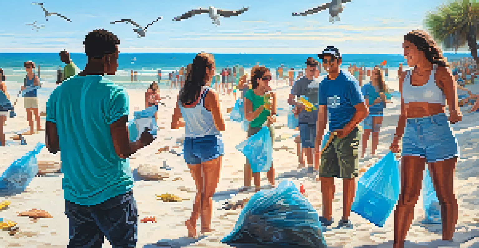 Diverse college students participating in a beach cleanup event in Tampa Bay, enjoying the sunny day.