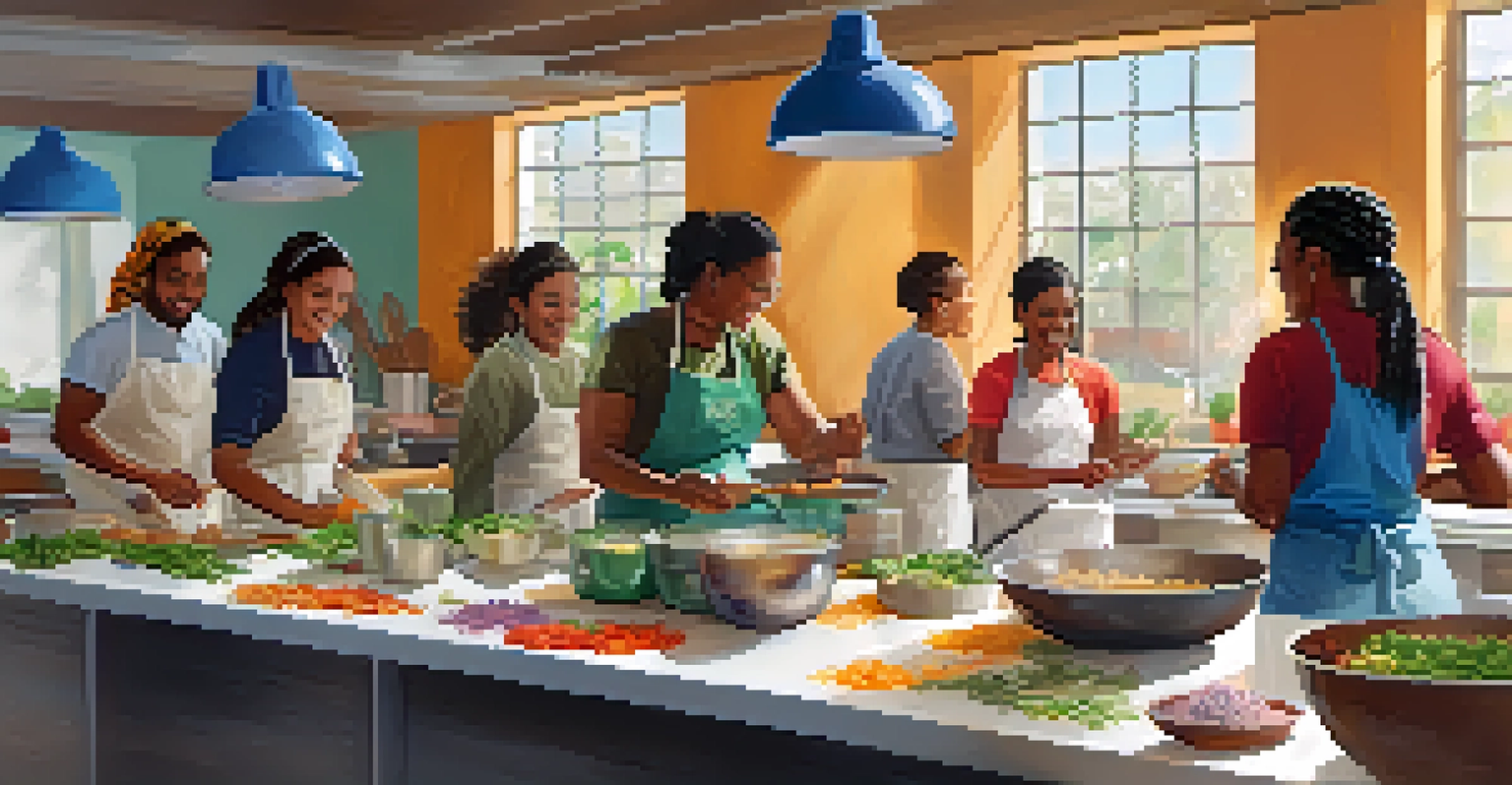 A cooking class at a community center in Tampa, with diverse participants learning to prepare traditional dishes in a bright kitchen.