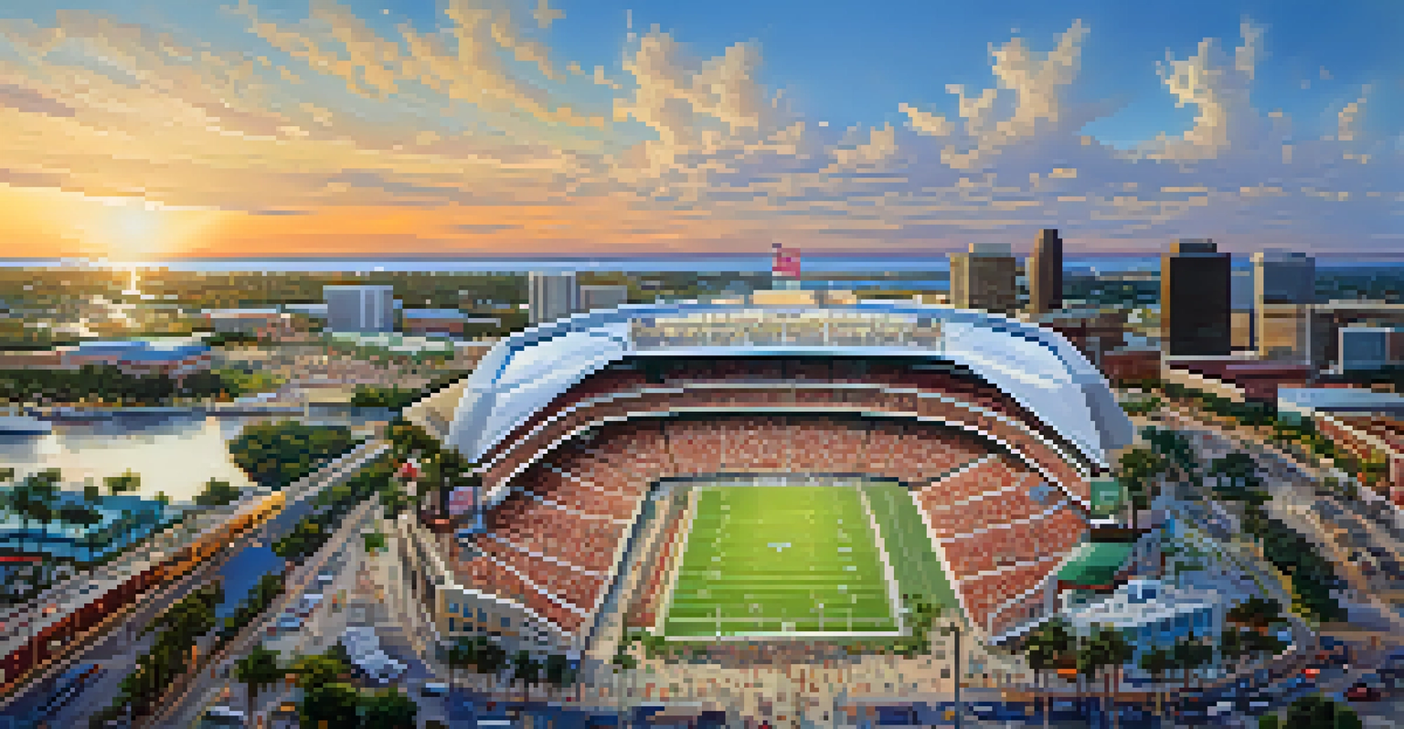Aerial view of Tampa Bay waterfront showing sports arenas surrounded by bustling restaurants and shops on a game day.