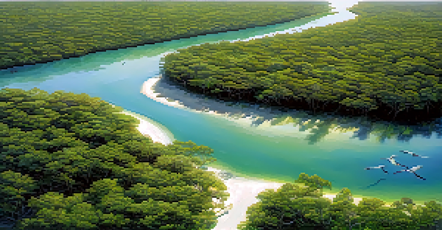 Aerial view of Weedon Island Preserve with winding mangrove trails and lagoons, surrounded by vibrant greenery and birdlife.