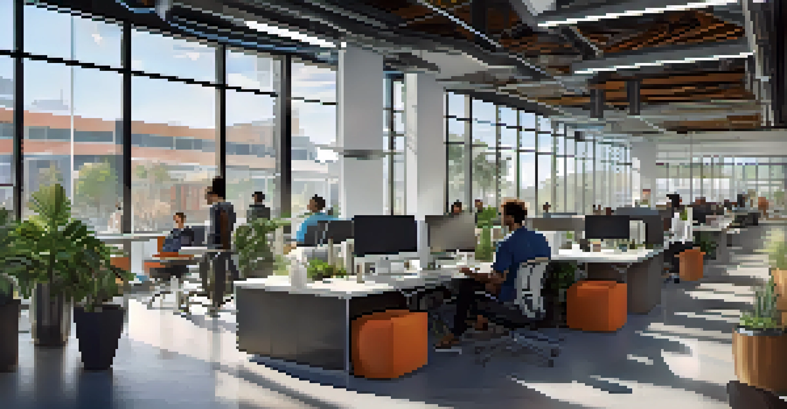 A collaborative workspace in a Tampa tech hub with diverse individuals working together in a modern setting.