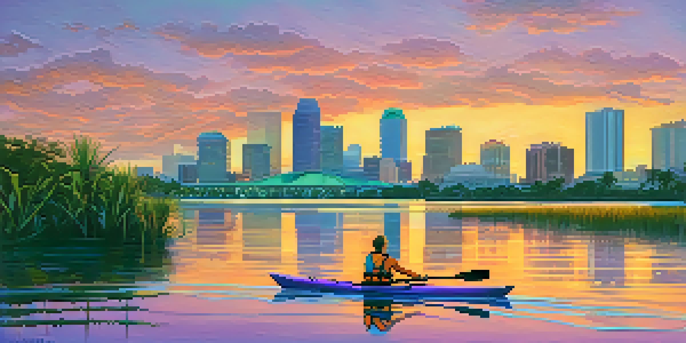 A kayaker in a yellow life jacket paddling through calm waters at sunset, with a colorful sky and downtown Tampa's skyline reflected in the water.