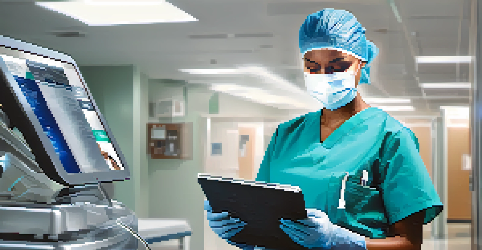 A healthcare professional in scrubs and a mask, looking at a digital tablet in a modern hospital environment.
