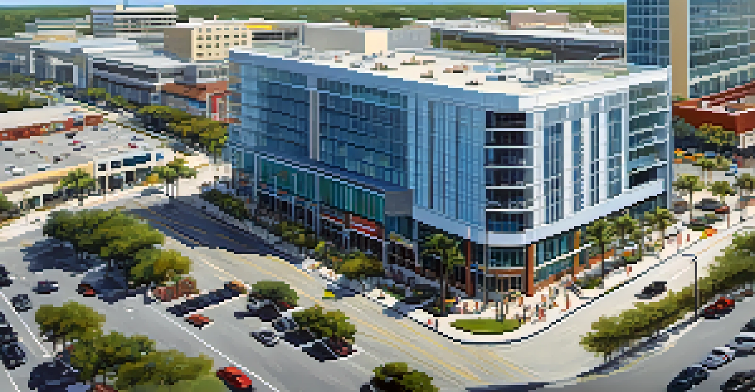 Aerial view of Westshore district in Tampa with modern commercial buildings and busy highways.