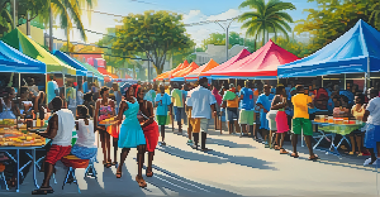 An outdoor festival in Little Haiti with colorful tents, food stalls, and vibrant murals, creating a lively and welcoming atmosphere.