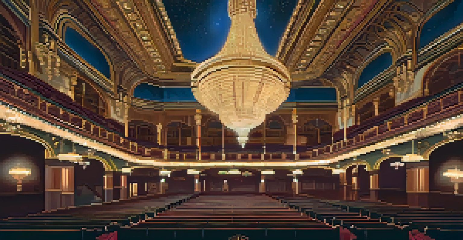 The interior of a historic theater featuring a starry ceiling, ornate chandeliers, and beautiful murals, illuminated by warm lighting.