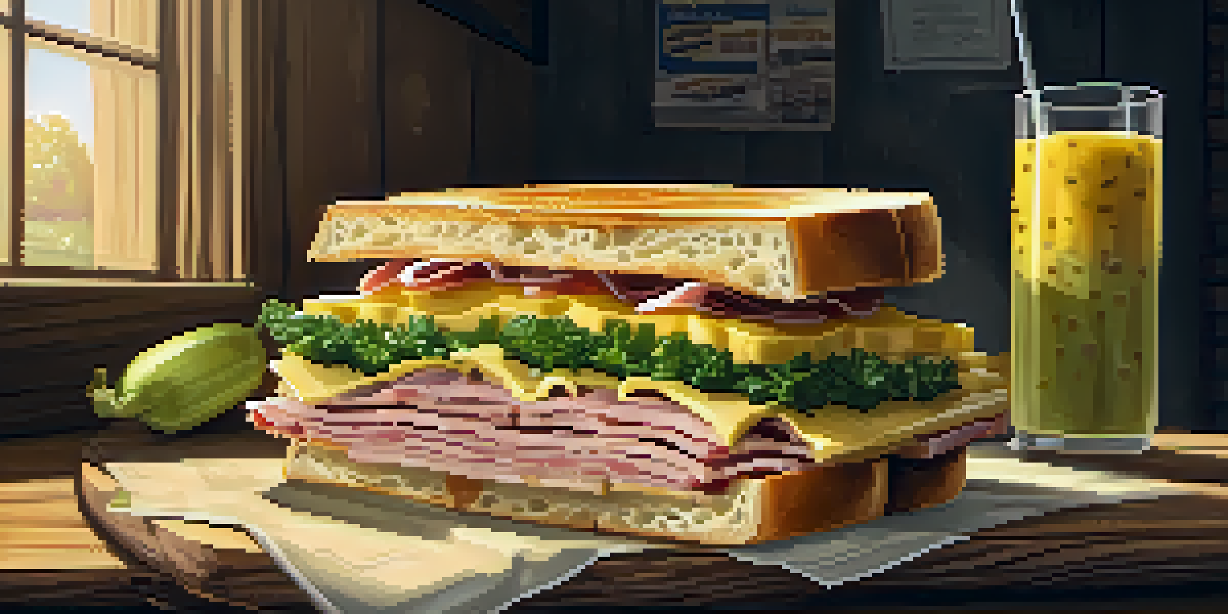 A Cuban sandwich with roasted pork, ham, and cheese on a wooden table, accompanied by mustard and pickles, illuminated by soft sunlight.