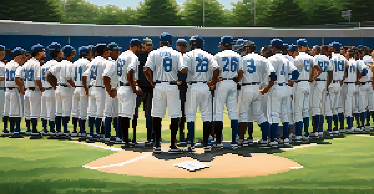 A diverse baseball team huddled together discussing strategy on the field.