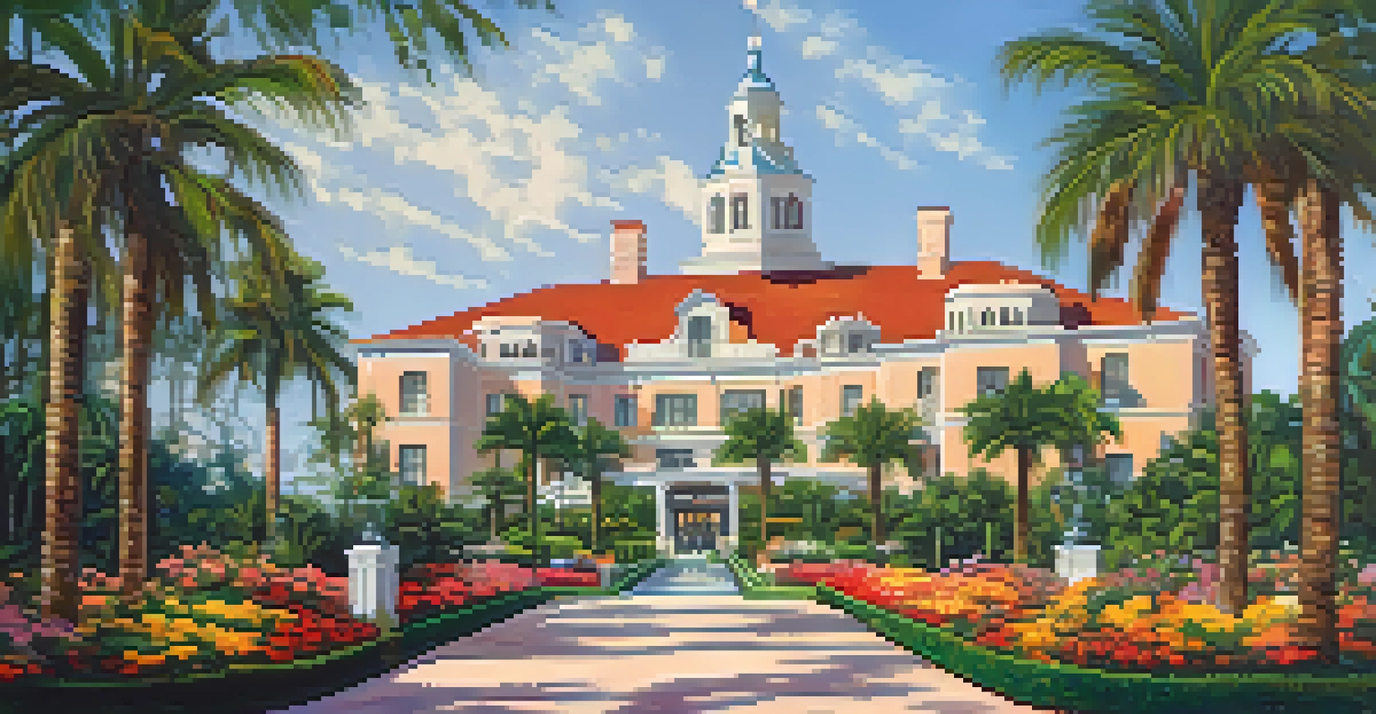 A couple walking through the lush gardens of the Tampa Bay Hotel, with flowers and the hotel visible in the background.