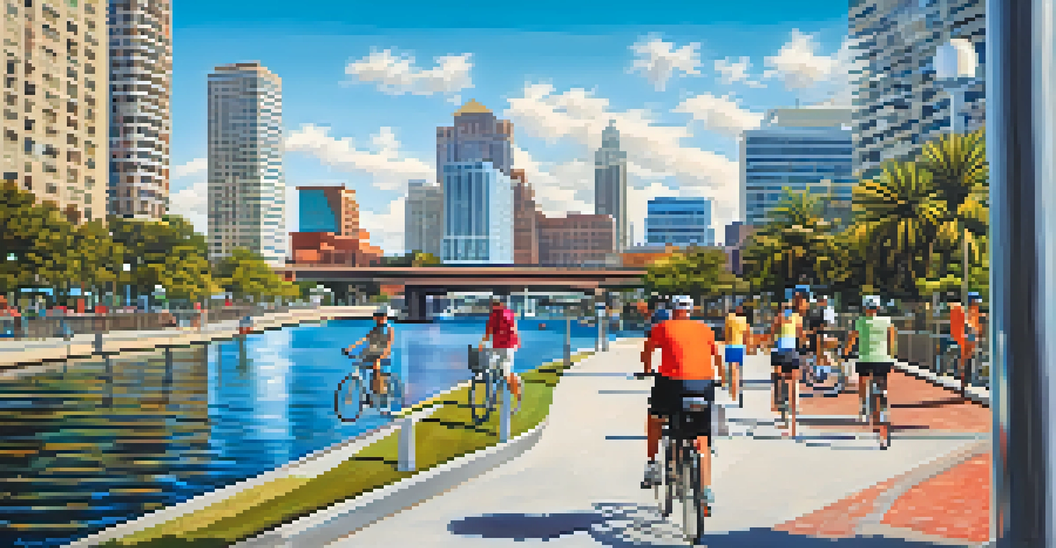 People biking and walking along a lively urban trail with city buildings and art installations in the background.