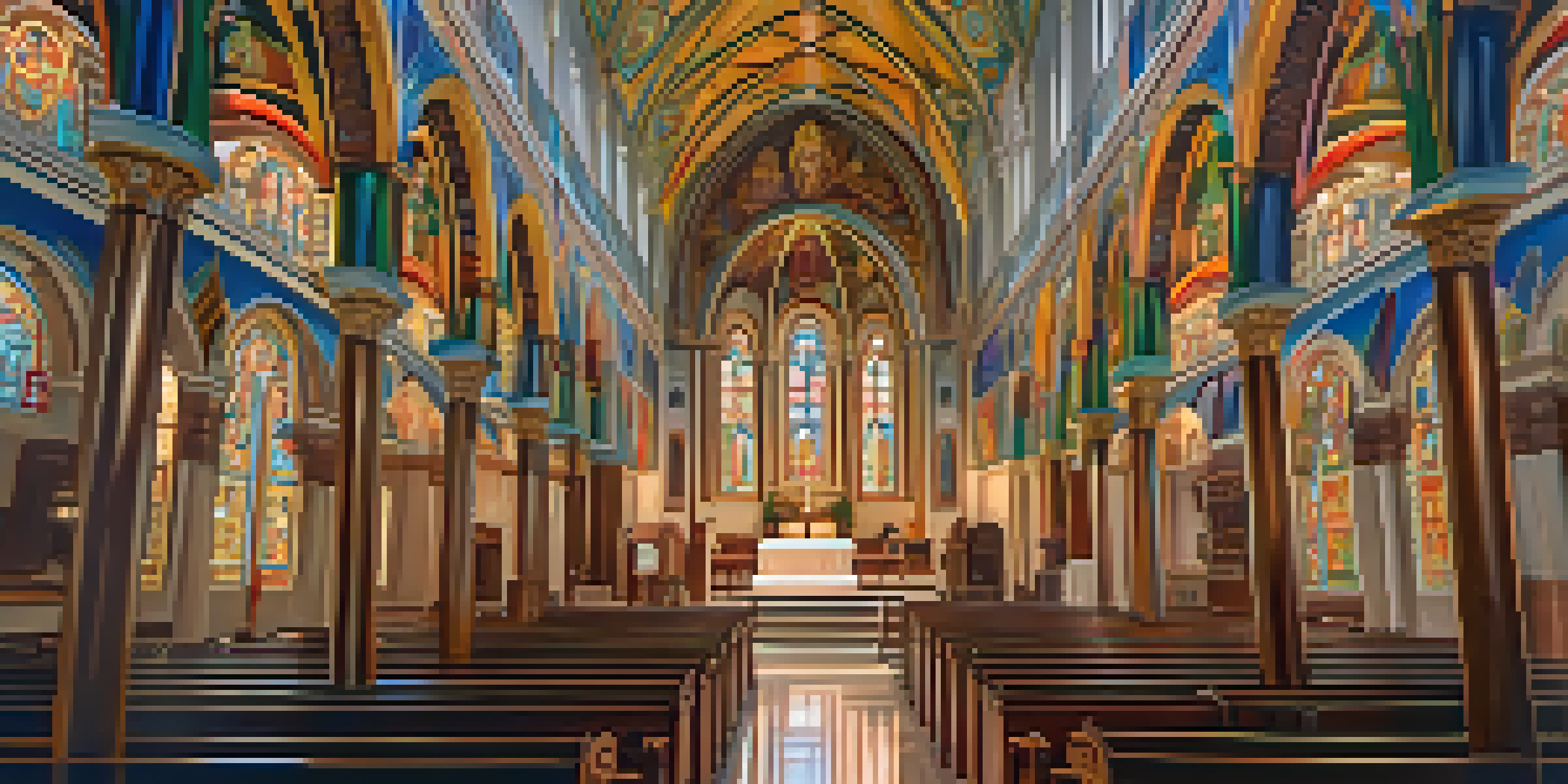 Interior view of the Basilica of St. Lawrence, highlighting beautiful stained glass windows and intricate altar details.