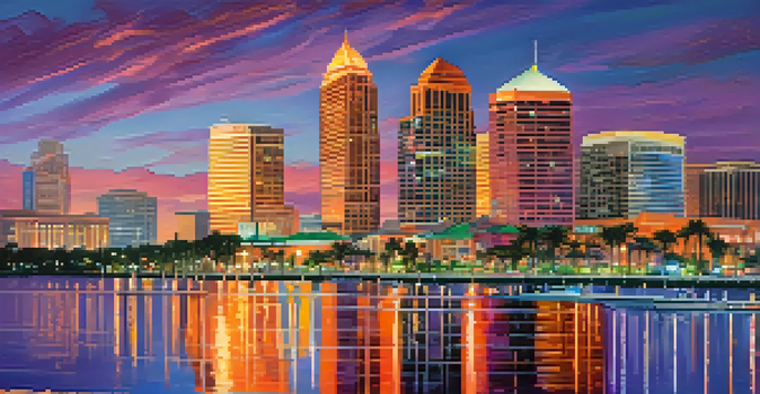 A beautiful sunset over Tampa's skyline, with colorful reflections on the water and palm trees in the foreground.