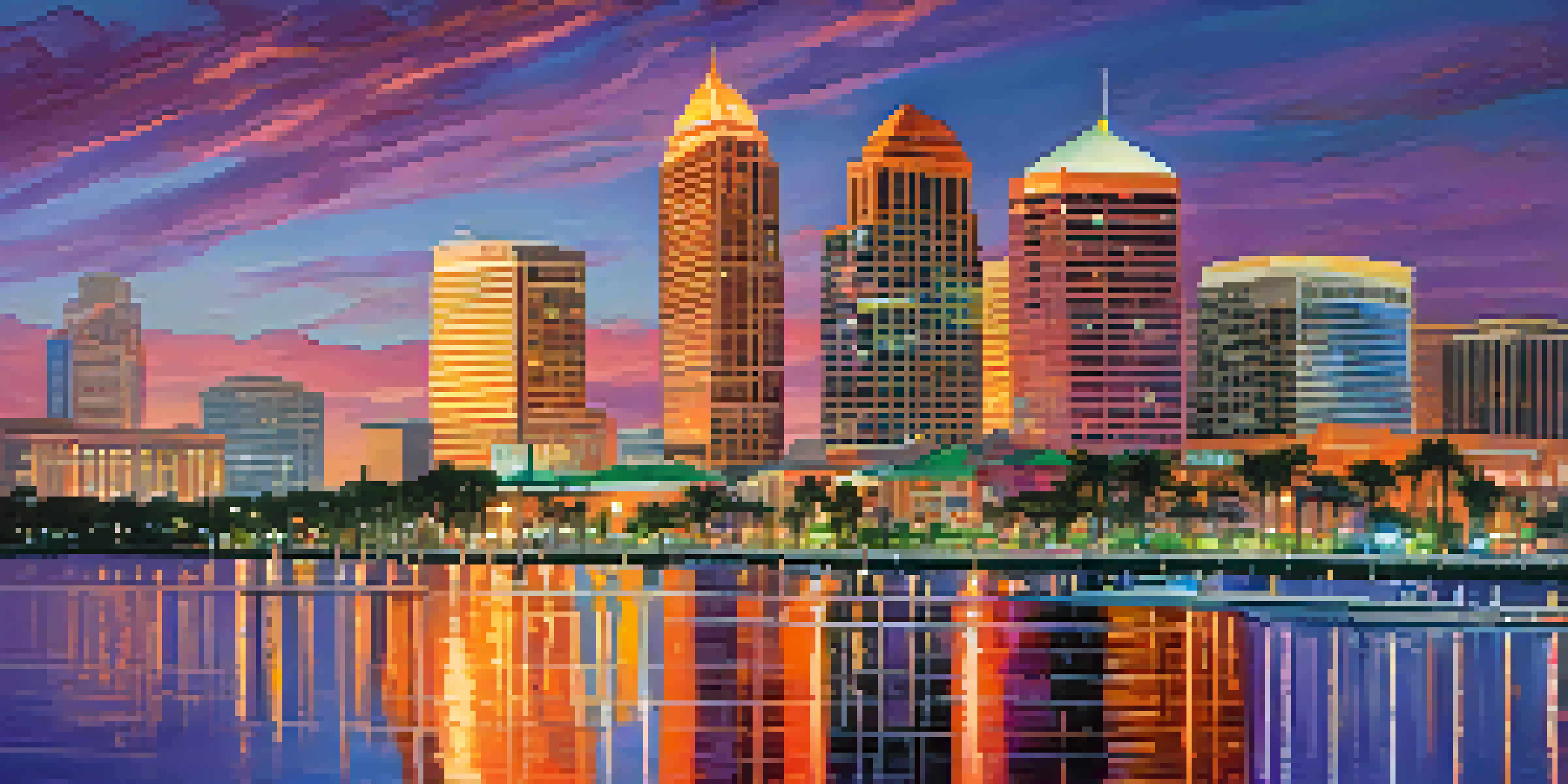 A beautiful sunset over Tampa's skyline, with colorful reflections on the water and palm trees in the foreground.