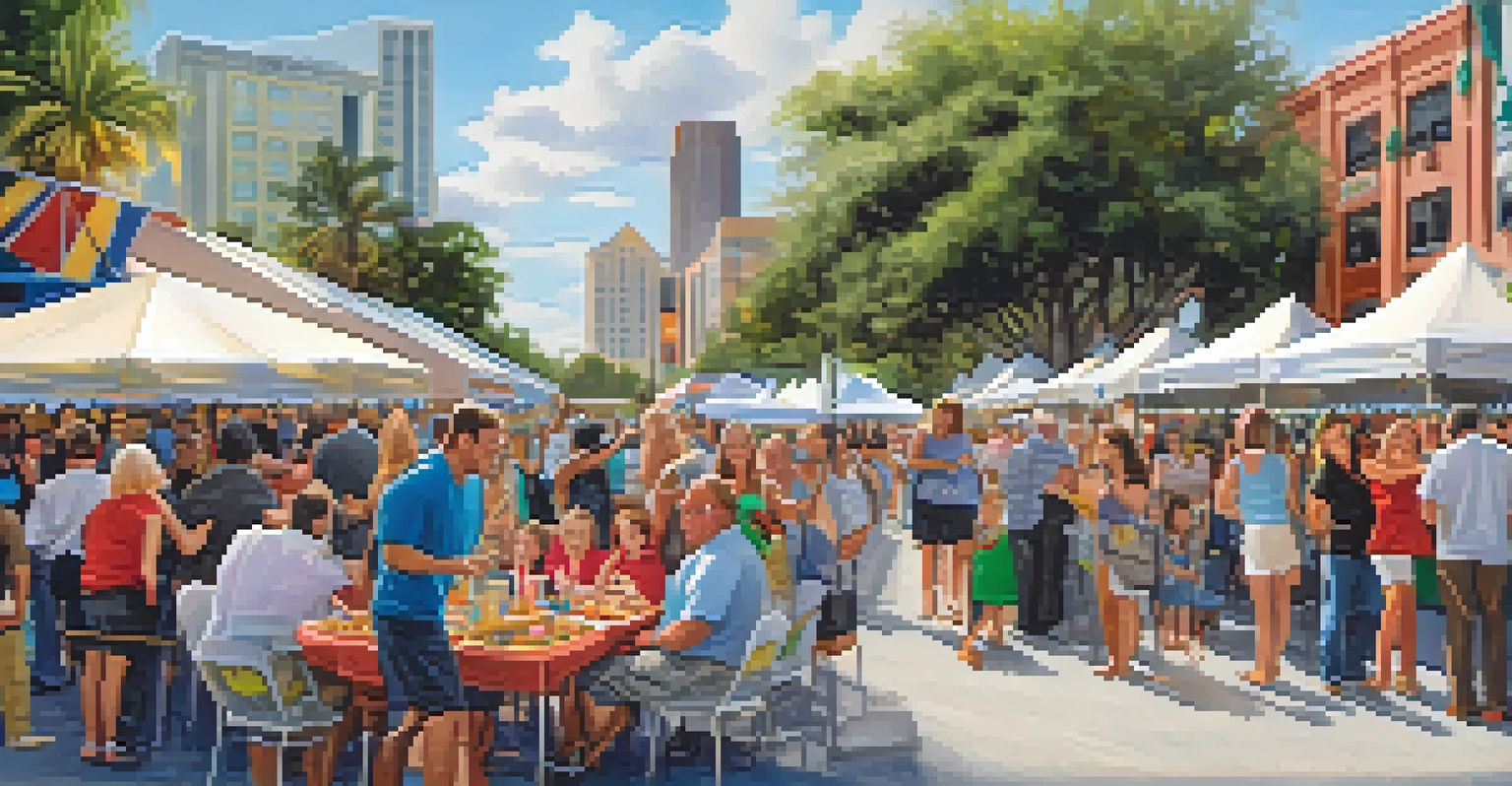 A community event in Tampa with booths from local businesses, families enjoying the atmosphere, and a band performing.