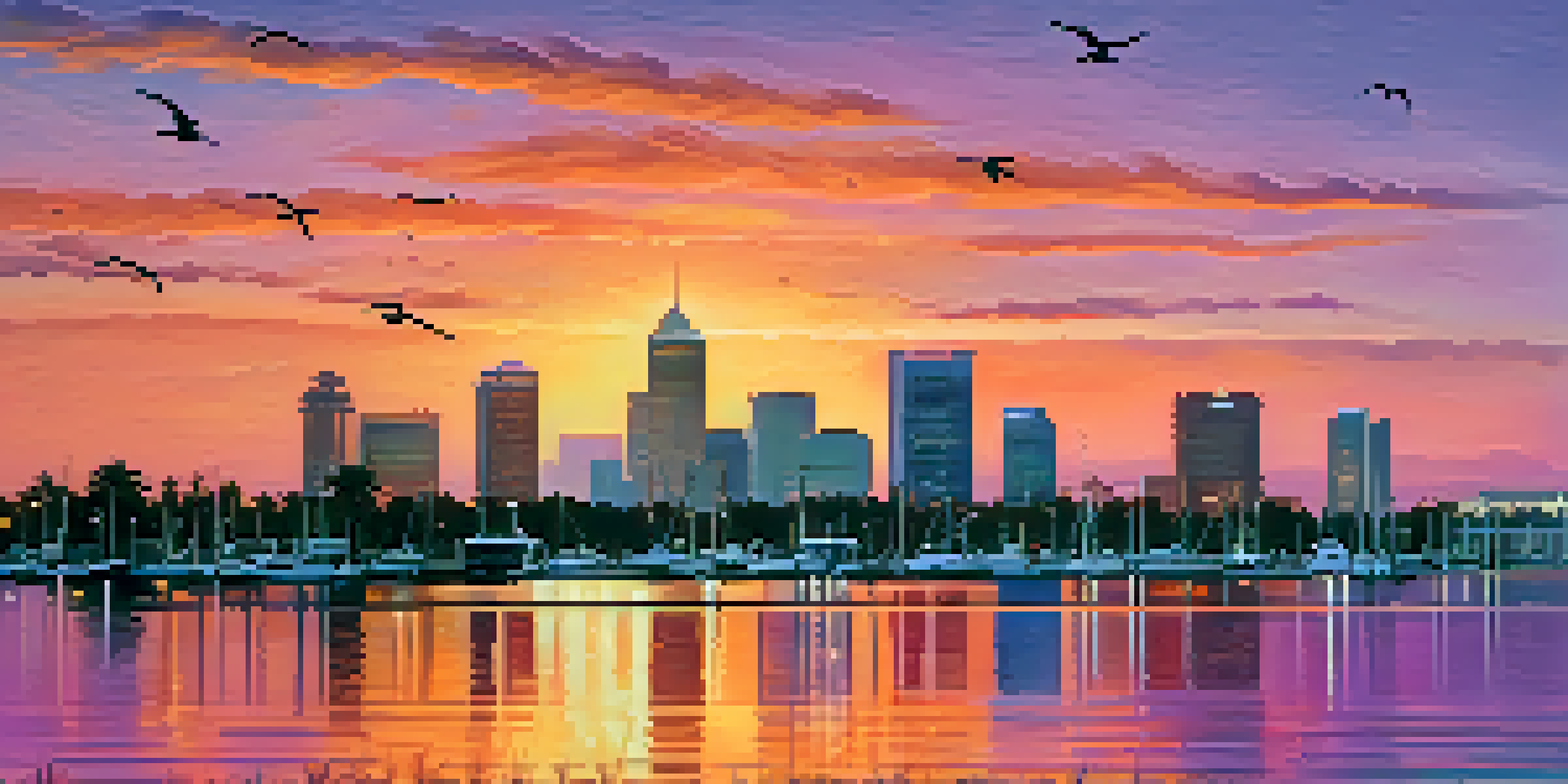 A colorful sunset over Tampa Bay with the city skyline silhouetted against the sky and palm trees in the foreground.