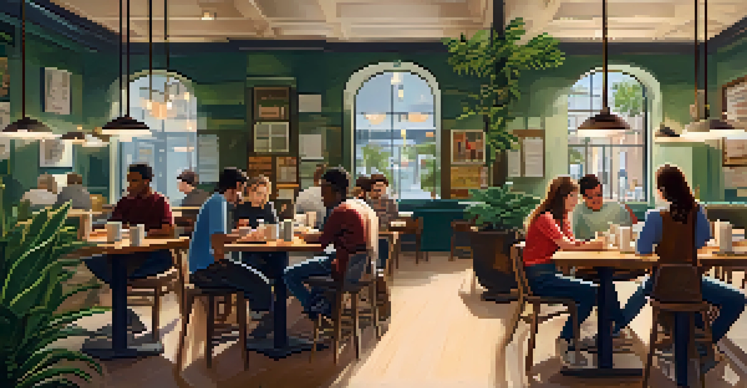 A cozy café in Tampa Bay with students studying, working on laptops, and enjoying coffee.