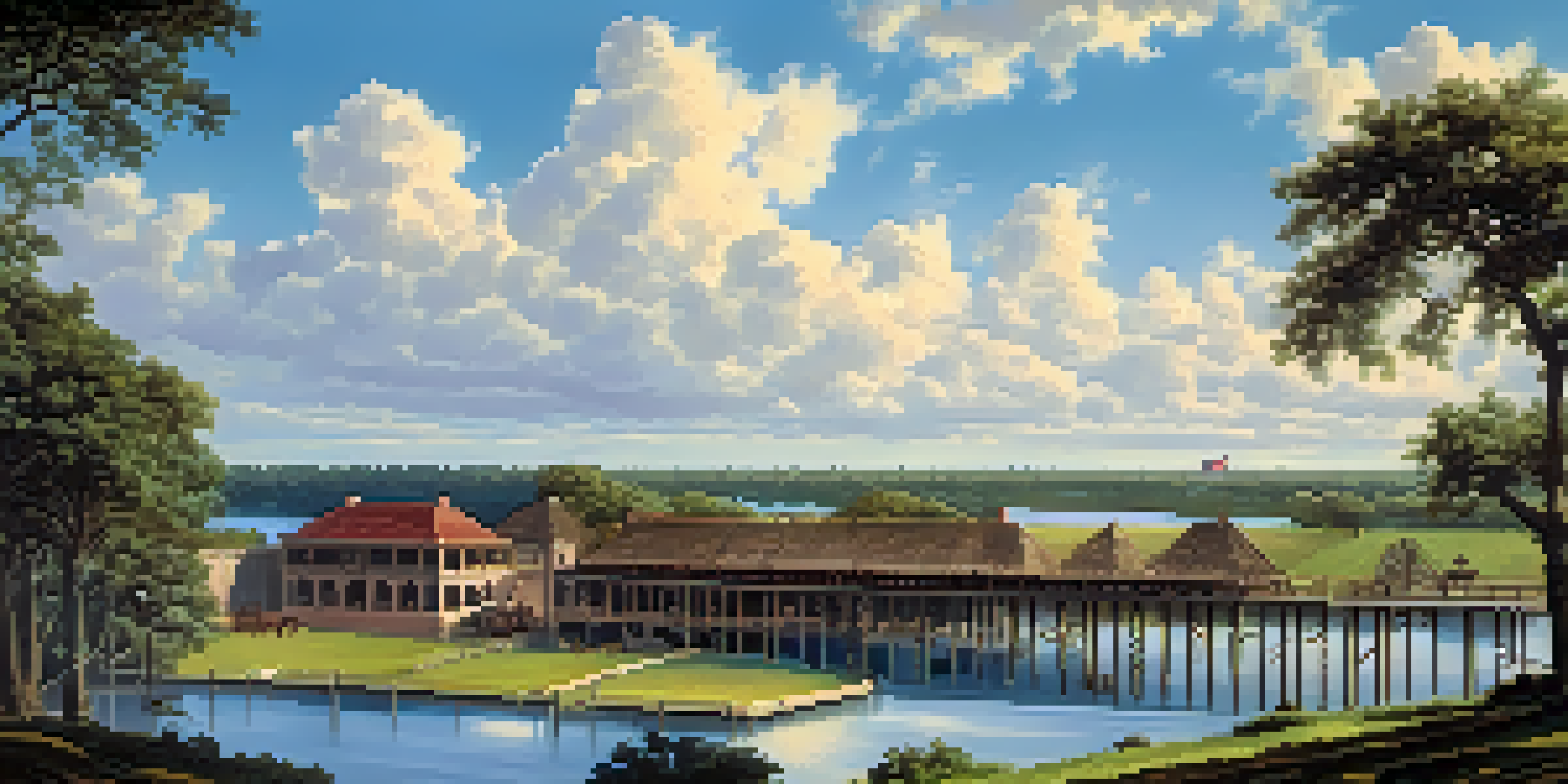 A historical scene showing Fort Brooke with soldiers in 19th century uniforms amidst greenery and a bright sky.