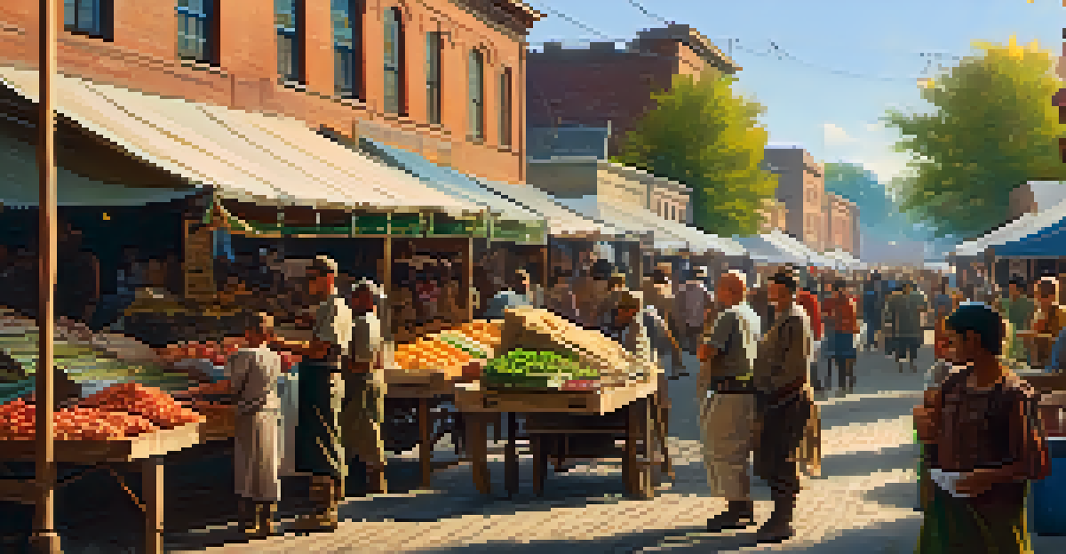 A lively market scene near Fort Brooke with soldiers and civilians interacting, surrounded by stalls and a sunset backdrop.