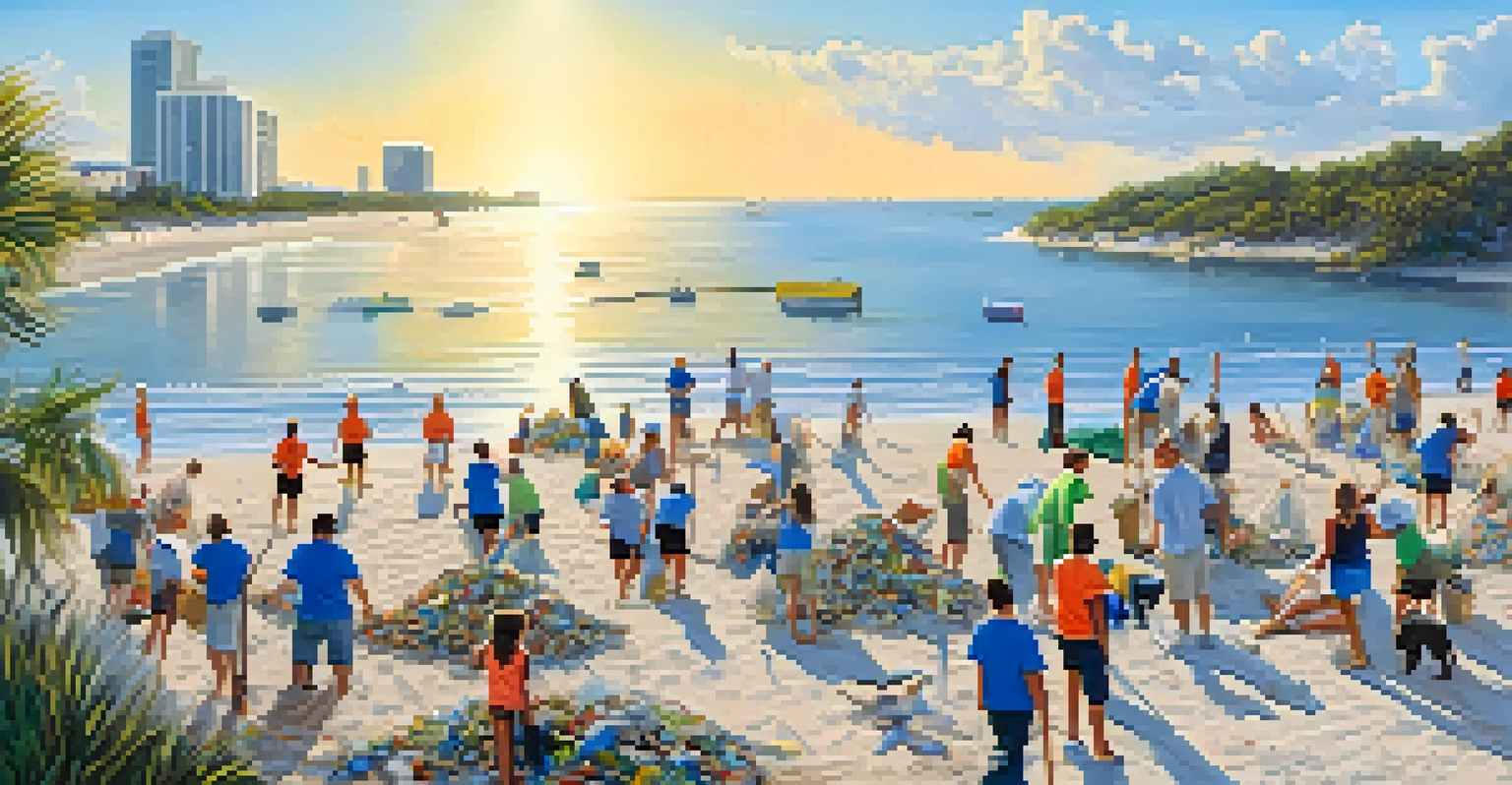 Volunteers of various ages participating in a beach clean-up event in Tampa, working together along the shoreline with the ocean in the background.