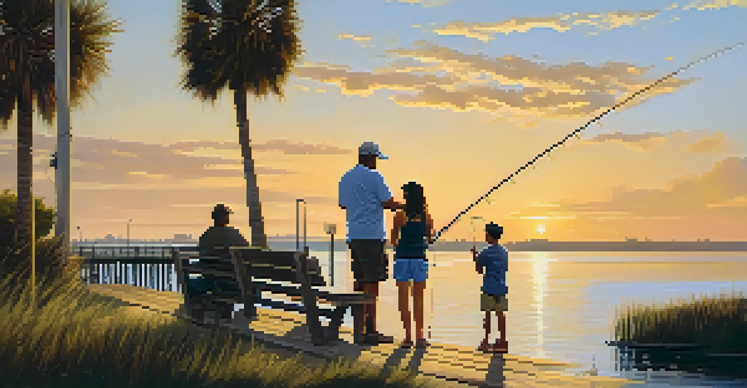 A family fishing from a pier at sunset, with a father teaching his daughter how to cast a line and a son waiting nearby.
