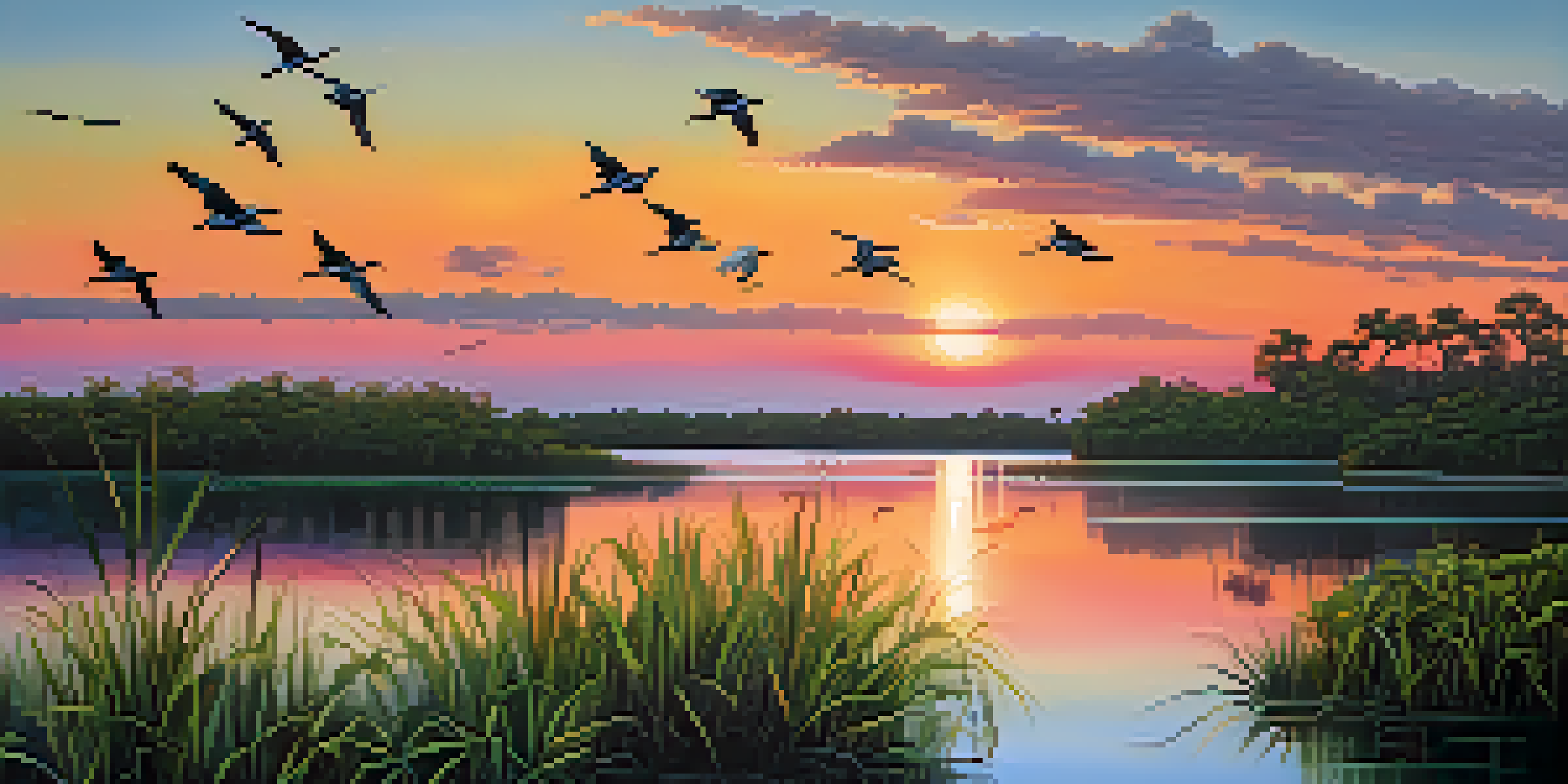 A beautiful sunset over Tampa Bay, with colorful skies reflecting on calm waters and silhouettes of birds flying above mangroves and seagrasses.