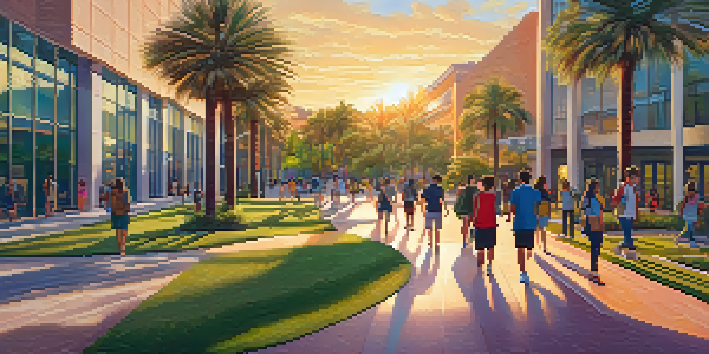 A university campus in Tampa Bay during sunset with students walking, modern buildings, and palm trees.