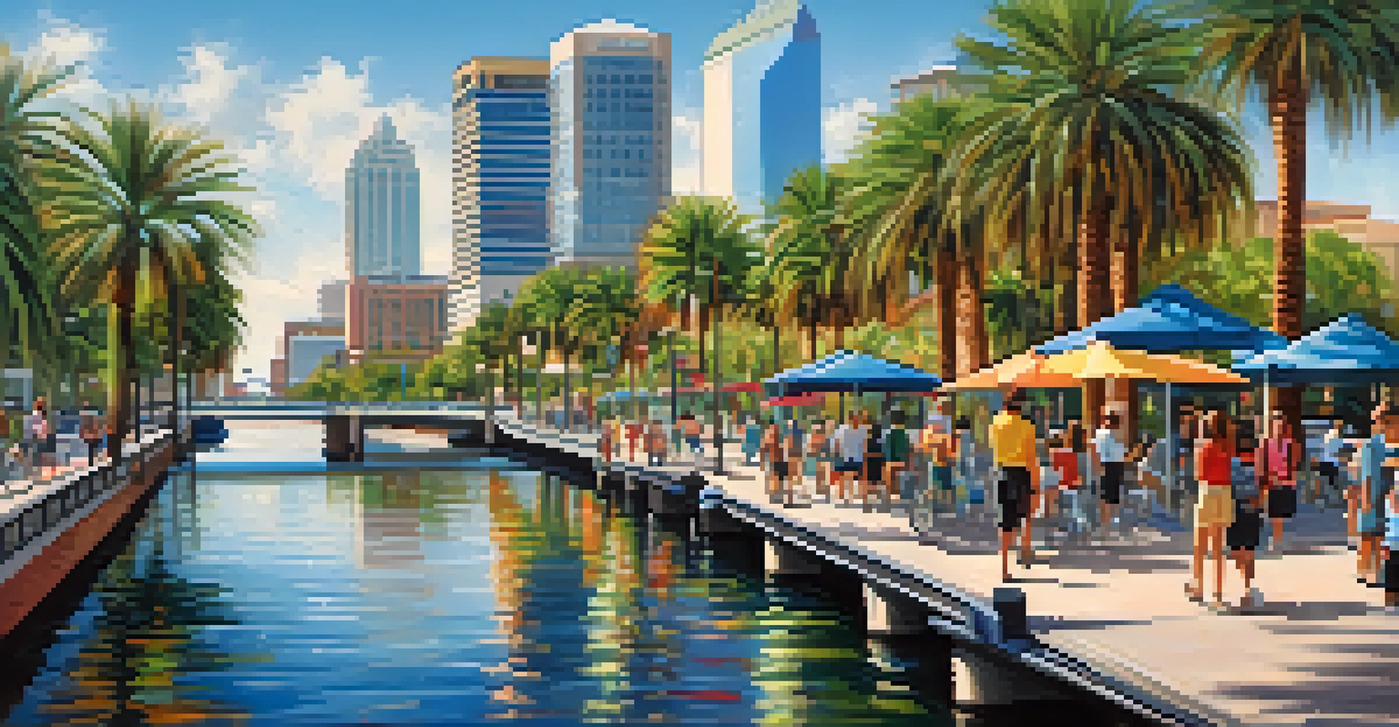 Students enjoying leisure time along Tampa's Riverwalk, with palm trees and the city skyline in the background, under a clear blue sky.
