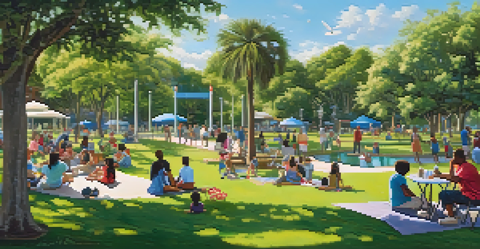 A peaceful park in Tampa filled with families and groups participating in cultural activities, surrounded by greenery and flowers.