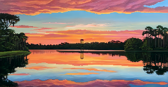 A silhouette of a wooden observation tower at sunset, surrounded by lush greenery and the Hillsborough River.