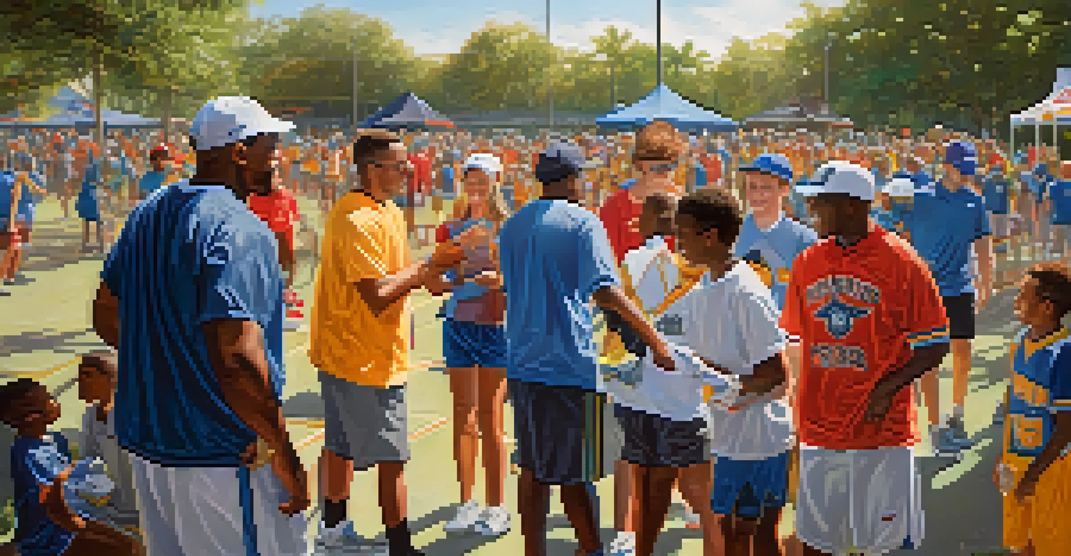 Sports team players engaging with local youth at a community event, surrounded by sports equipment and colorful banners.