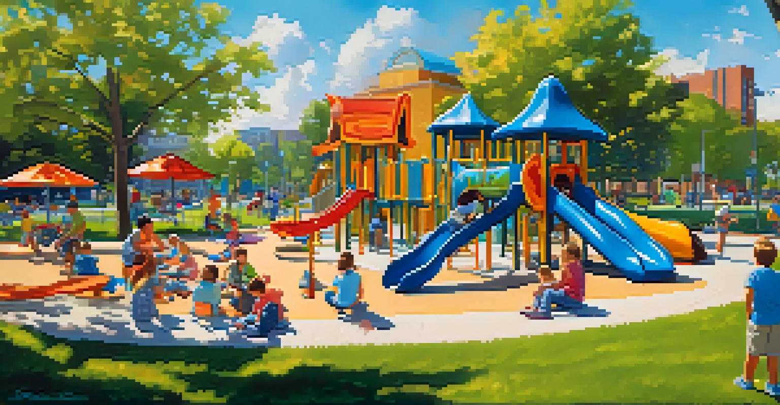 Children playing on colorful playground equipment with parents watching from nearby benches in a sunny park.
