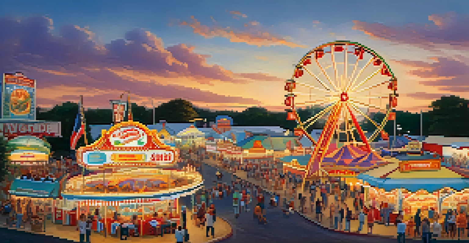 A sunset view of the Florida State Fair with carnival rides, food vendors, and families enjoying the celebrations.