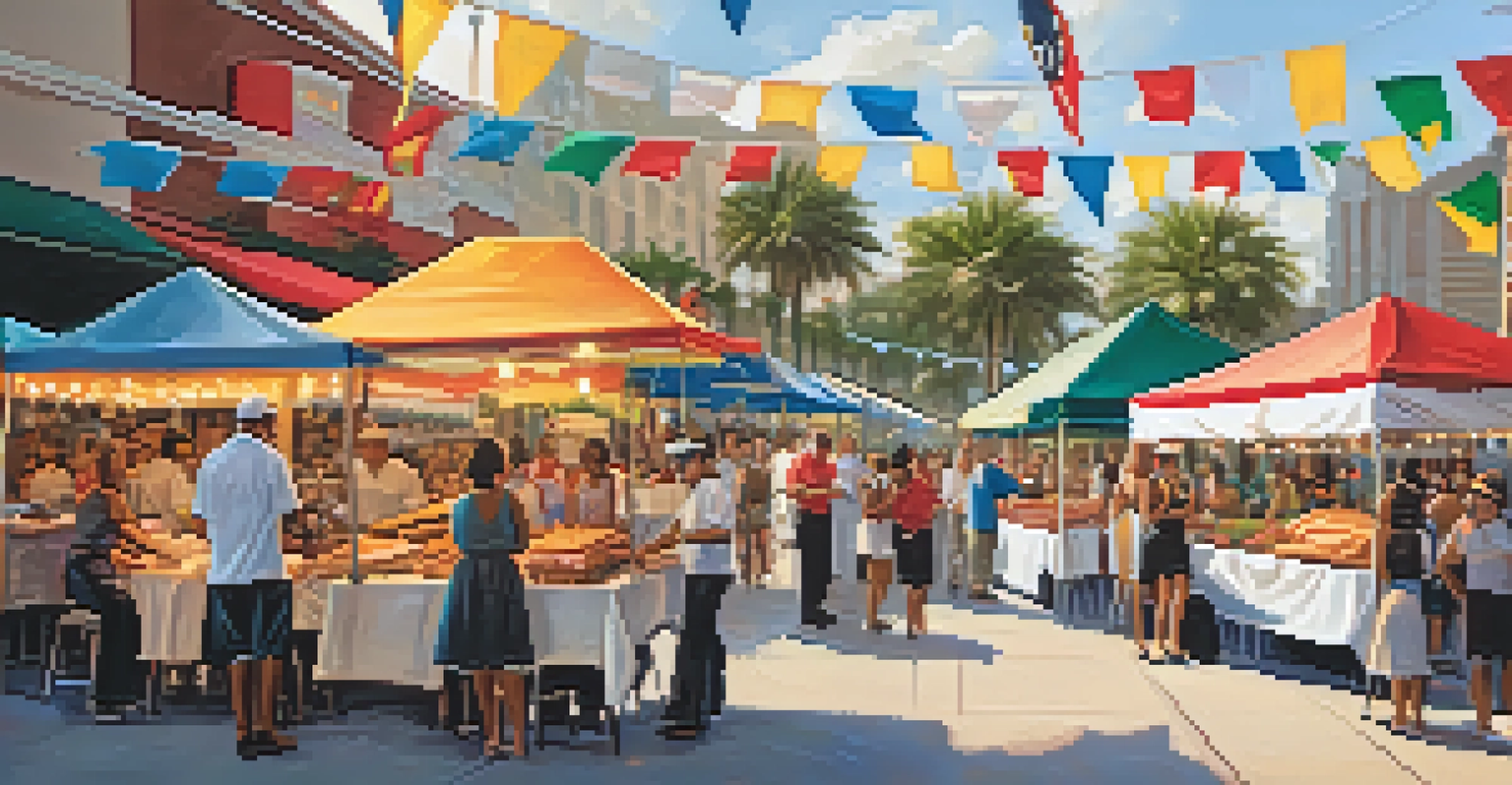 A bustling food festival in Tampa with diverse food stalls and people enjoying various cuisines.