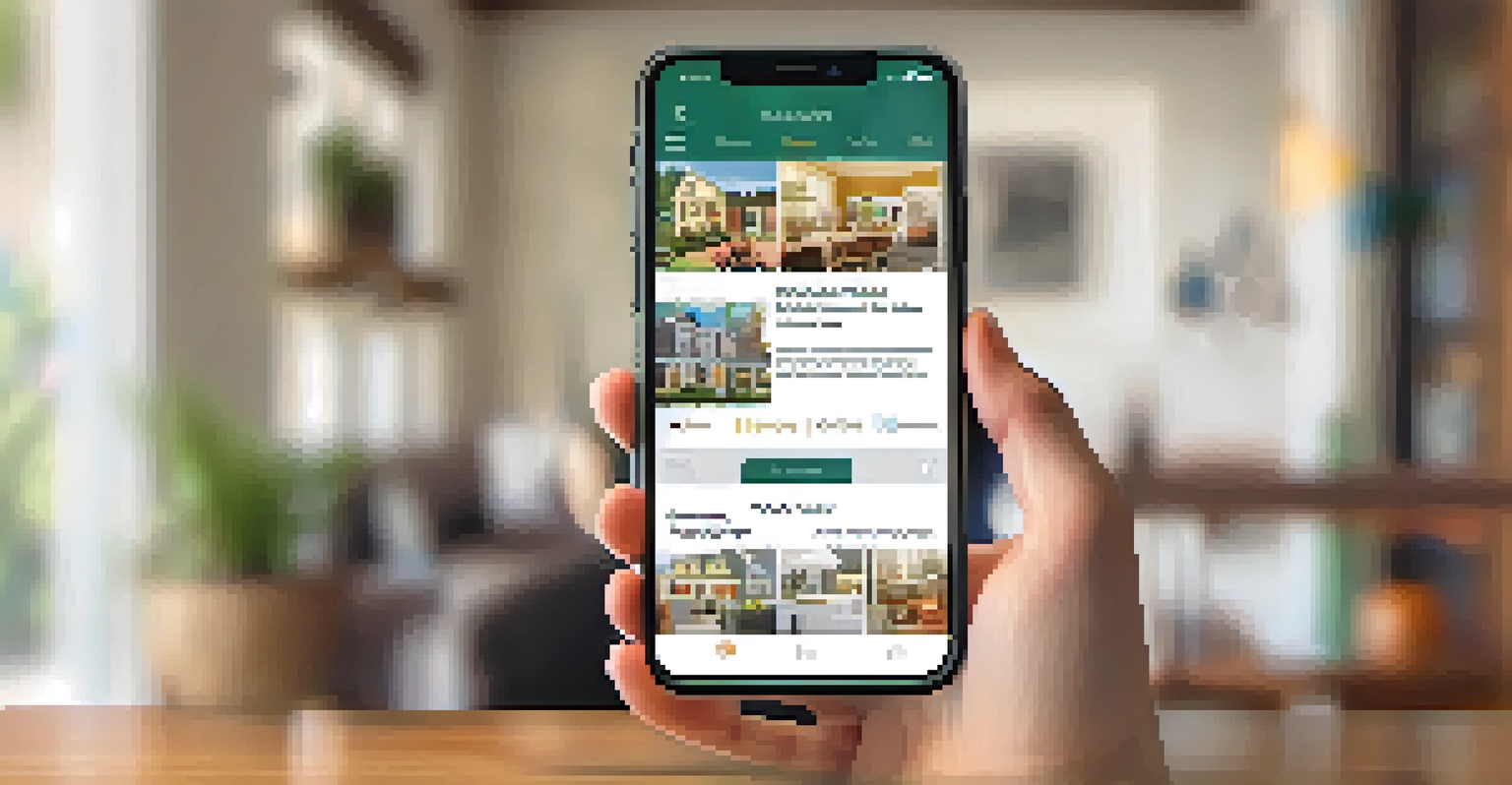 A smartphone with a real estate app open, surrounded by a cozy home environment.