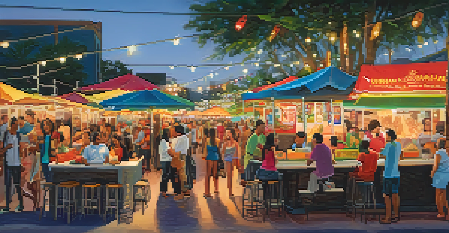 A bustling outdoor market in Tampa with food trucks and booths serving diverse cuisines, filled with happy people enjoying their meals.