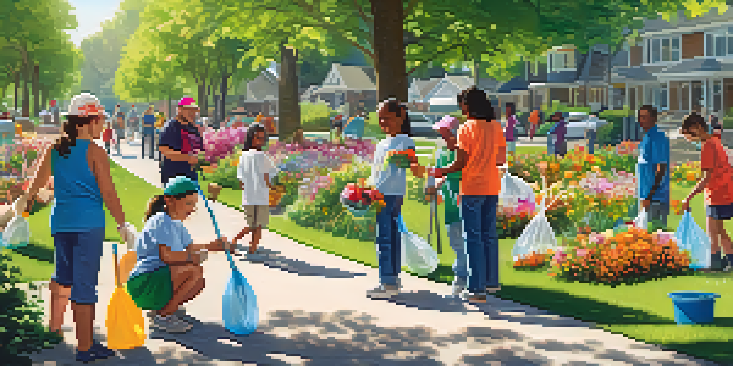 A diverse group of residents participating in a community clean-up event, picking up litter and planting flowers in a sunny park.