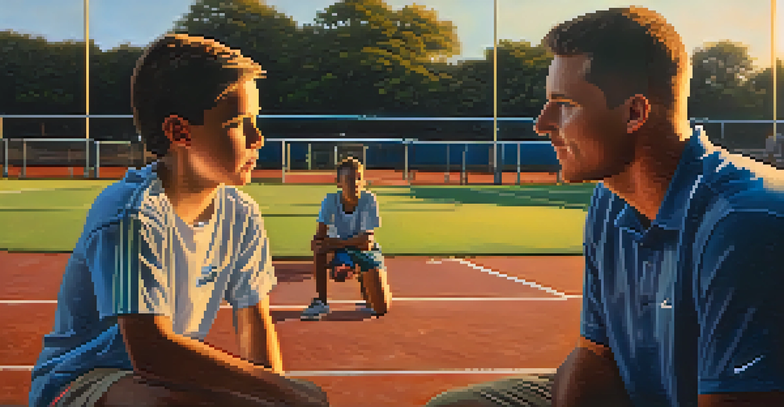 A young athlete receiving mentorship from an experienced coach on a sports field during sunset, highlighting a moment of inspiration.