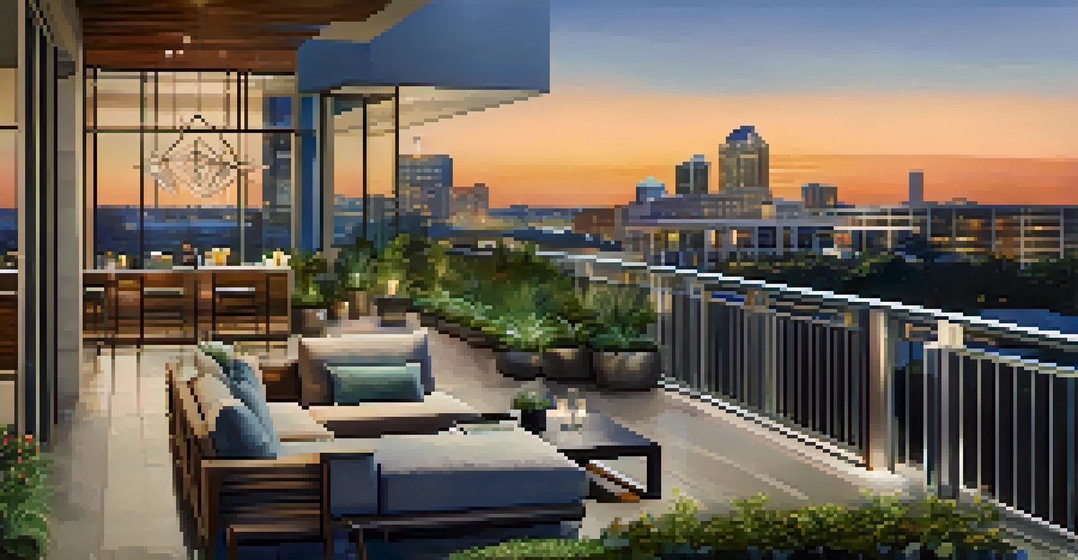 A modern urban condo in downtown Tampa with a rooftop terrace and city skyline at night.