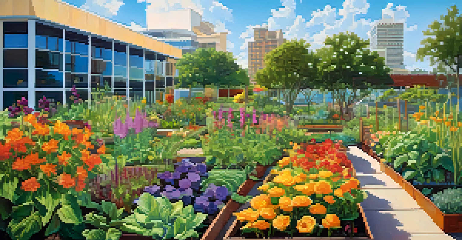A detailed view of a sustainable urban garden in Tampa featuring colorful flowers, herbs, and vegetables, with pollinators and a modern building in the background.