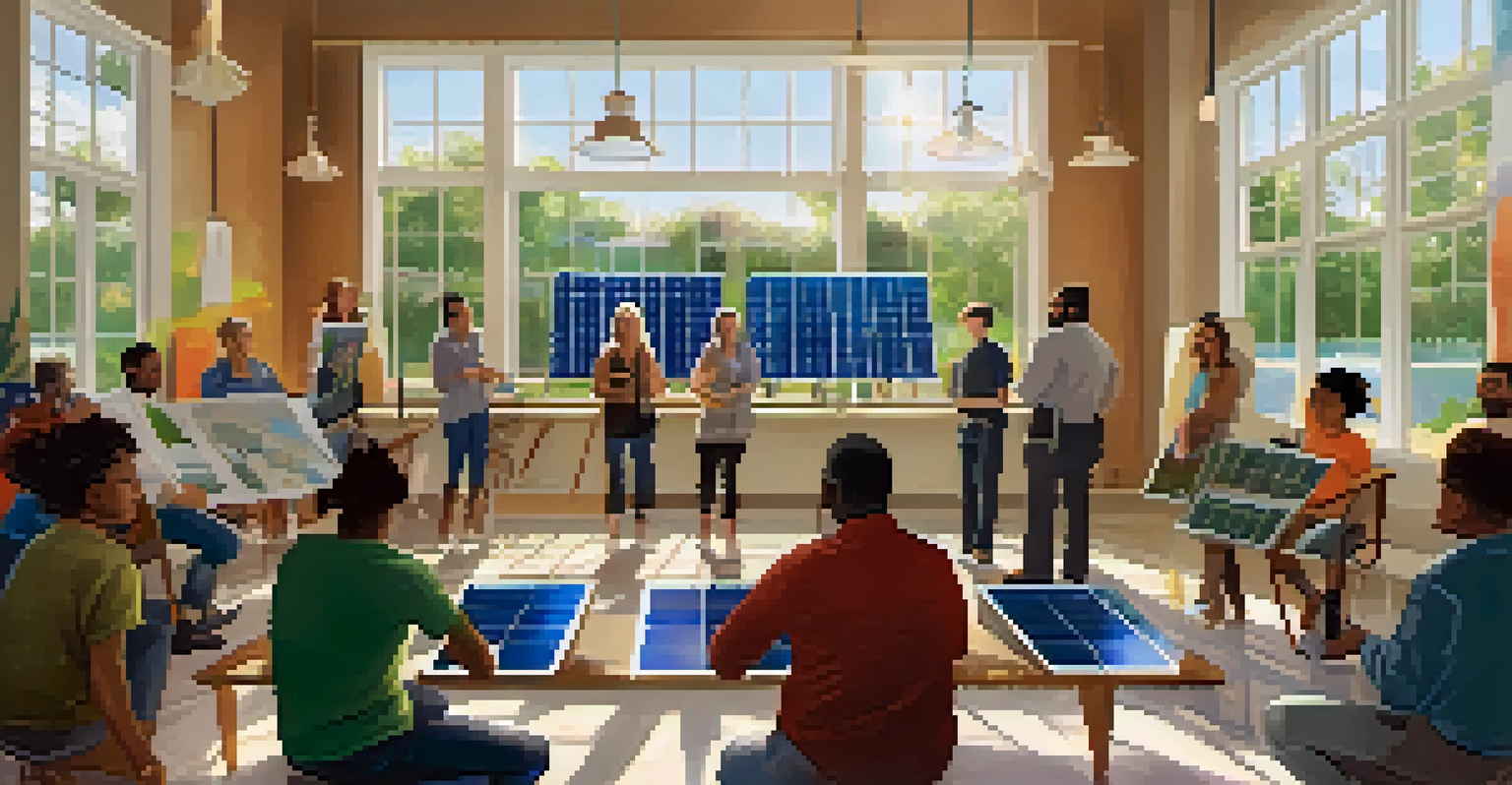 A community workshop with residents learning about renewable energy, surrounded by educational materials.