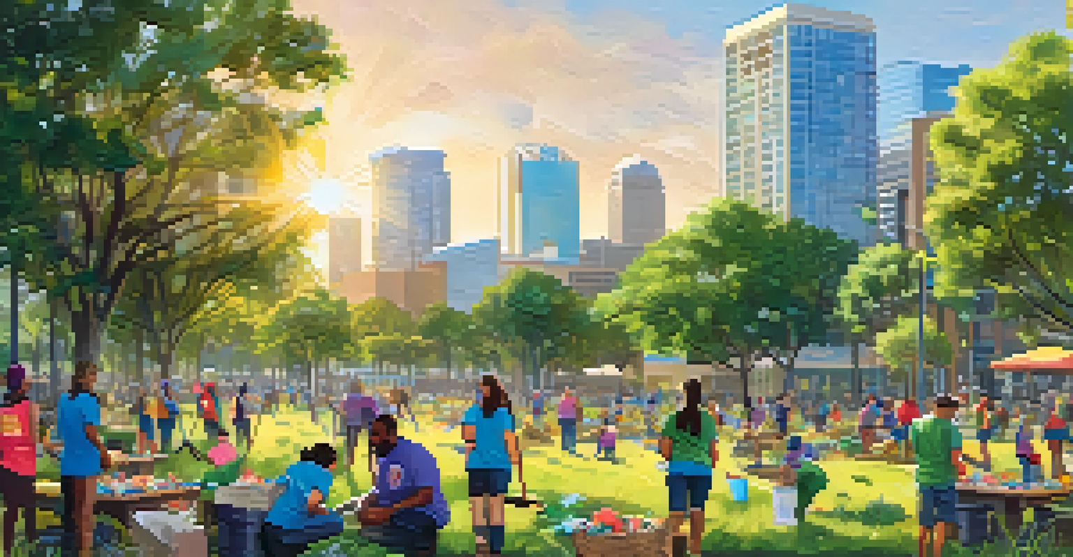 Community volunteers participating in a clean-up event in a Tampa urban park, surrounded by greenery and modern buildings.