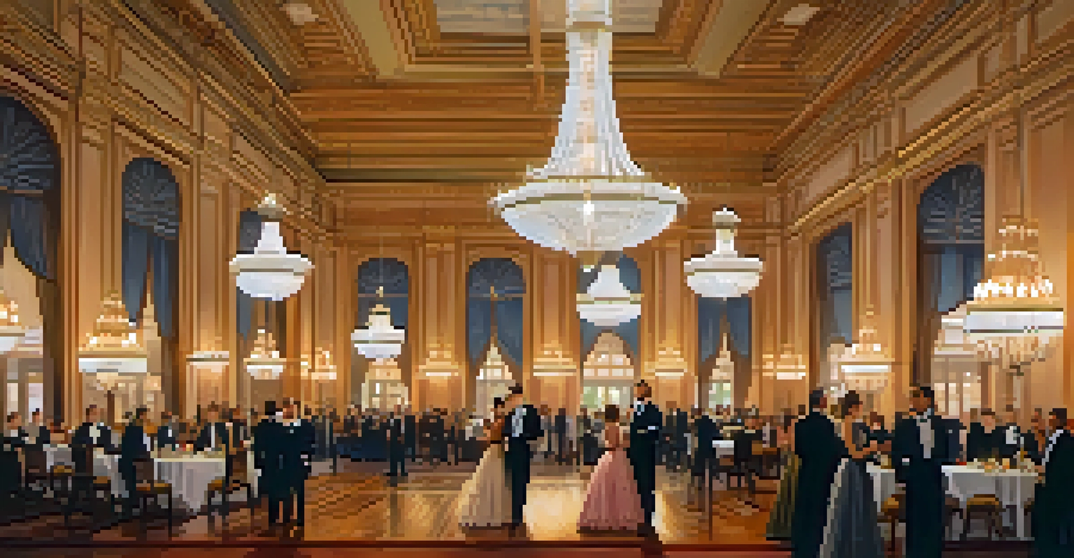 An ornate ballroom in the Tampa Bay Hotel with chandeliers and guests in vintage attire enjoying a gathering.