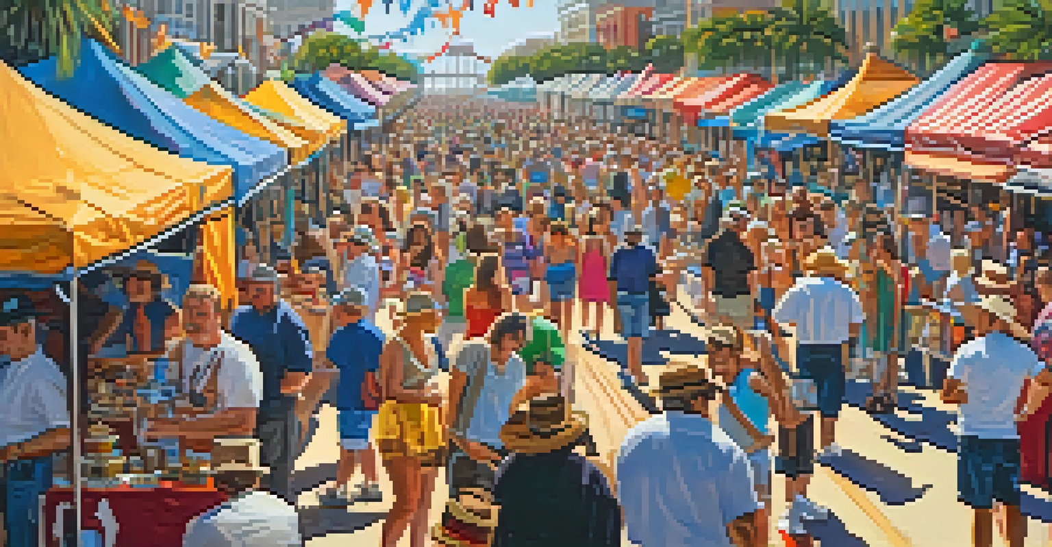 A lively festival scene in Tampa with artists, food stalls, and attendees under bright tents and decorations.