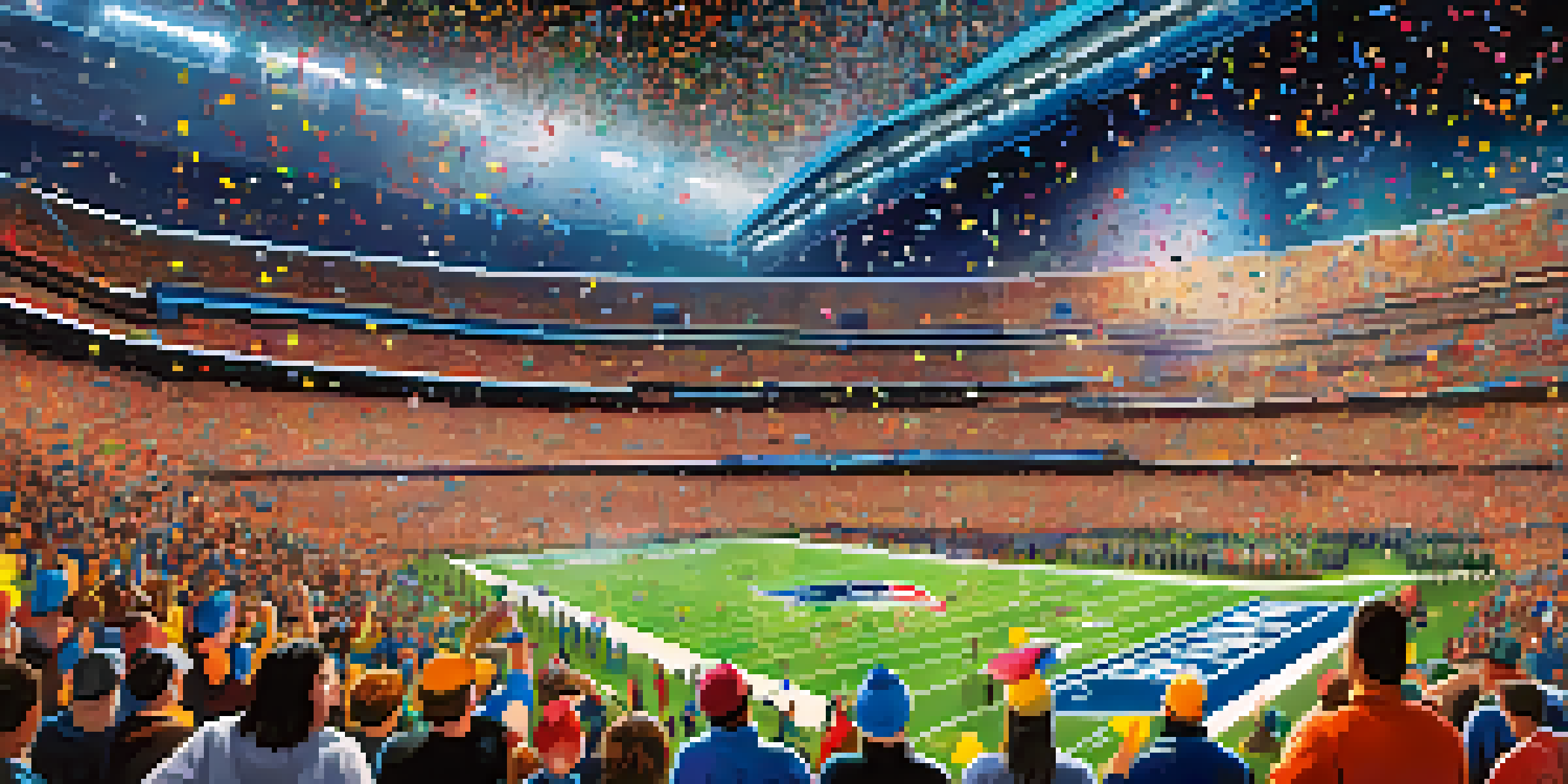 A lively stadium filled with enthusiastic fans wearing team colors, celebrating during the Super Bowl with confetti and bright lights.