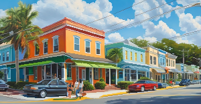 A lively street in Seminole Heights, Tampa, featuring colorful bungalows and cafes with people enjoying the outdoors.