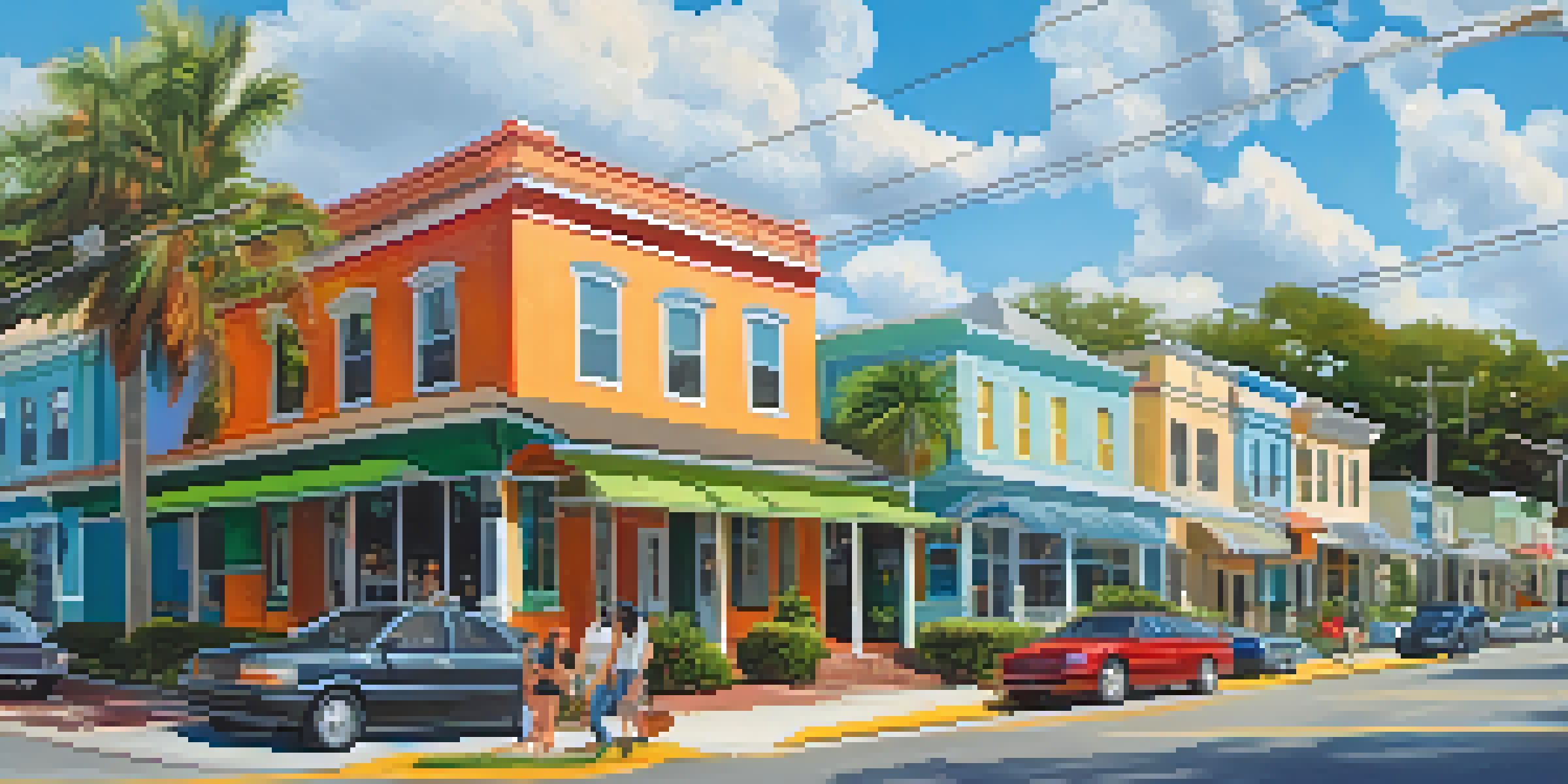 A lively street in Seminole Heights, Tampa, featuring colorful bungalows and cafes with people enjoying the outdoors.