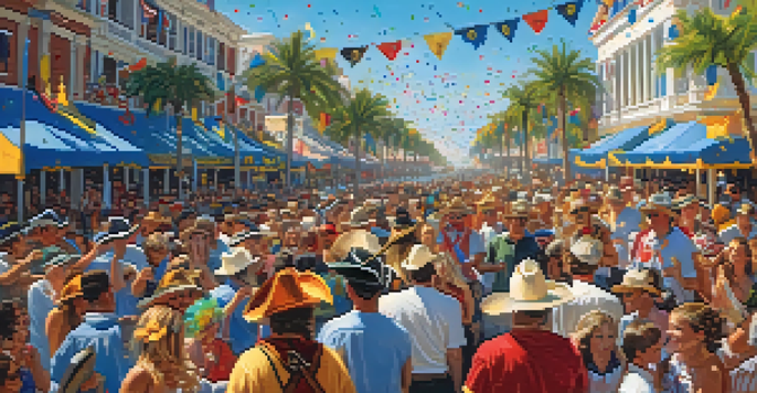 A lively parade scene from the Gasparilla Pirate Festival featuring people in pirate costumes and colorful floats.