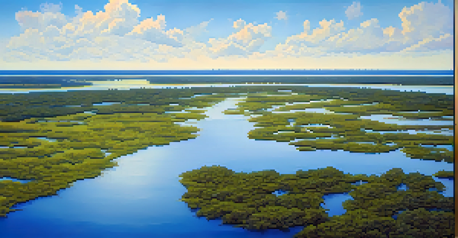 Aerial view of a restored wetland area near Tampa Bay, filled with greenery and wildlife, with the bay in the background.